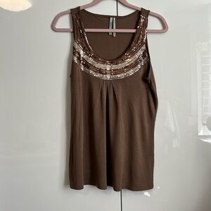 KISCHE Brown Sequin Trim Sleeveless Blouse, Size S